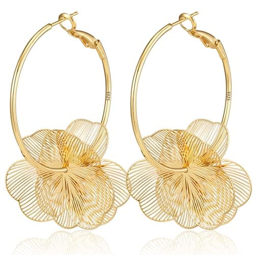 DORANA 14K Gold Plated Flower Dangle Earrings for Women Lightweight Thin Hoop Earrings Big Filigree Flower Statement Earring Boho Party Prom Jewelry - Image 1