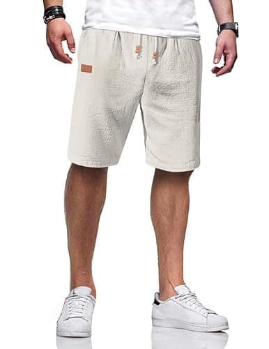AUSELILY MEN Men's Cotton Linen Shorts 9 inch Drawstring Casual Elastic Waist Mens Summer Beach Vacation Shorts Big and Tall with Pockets Beige 4XL - Image 1
