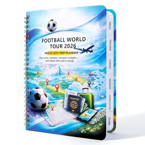 FOOTBALL WORLD TOUR 2026 A5 Multi-City Soccer Travel Planner, Matchday Trip Organizer with Sections for Cities, Matches, Transit, Expenses, Adjustments and Notes
