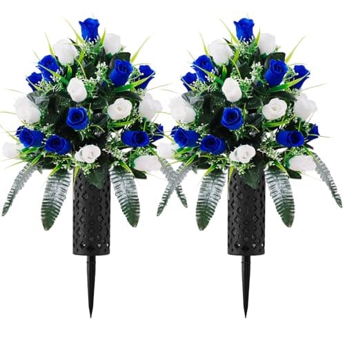 2 Sets Artificial Cemetery Flowers for Grave, Outdoor Grave Decorations Bouquet with Cemetery Vase, Memorial Flowers for Gravesite, Weather Resistant Grave Flower for Cemetery Decor(White + Dark Blue) - Image 1
