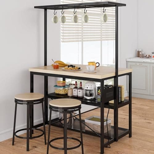 CABIHOME 47" Multi-Functional Kitchen Island with Storage – Heavy-Duty Wood & Metal Design, Microwave Shelf, 3-Tier Shelves, 5 Hooks, Coffee Bar Convertible (47"x28"x72") - Image 1