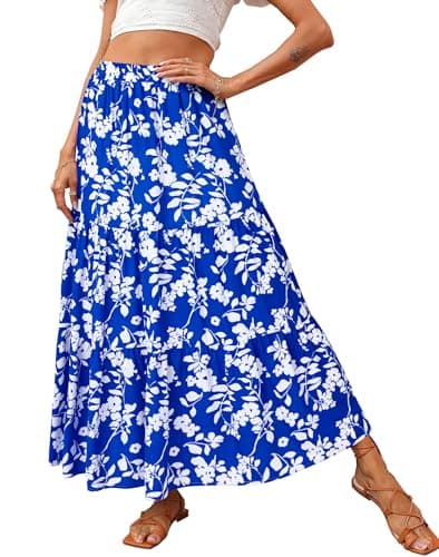 KIRUNDO Maxi Skirts for Women 2026 Summer Boho Floral High Waist Casual Flowy Long Skirt Beach Vacation Cruise Resort Wear(Floral Blue White, Medium) - Image 1