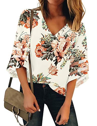 luvamia Women's Casual V Neck Tops 3/4 Bell Sleeve Mesh Panel Shirts Loose Tops Blouses Floral Print Apricot Size XL - Image 1