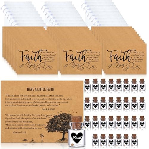 Qpige 30 Pack Christian Faith Favors Bulk, Mini Glass Bottle Keepsakes with Matthew 17:20 Cards & Organza Bags, "Move Mountains" Religious Inspirational Gifts for Church, Baptism, Sunday School(Kraft-Heart-30Pcs) - Image 1