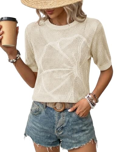 LaGracia Womens Short Sleeve Crochet Sweater Summer Crochet Tops Lightweight Hollow Out Crewneck Pullover Beach Coverup Apricot M - Image 1