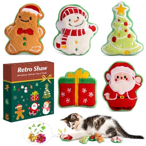 Retro Shaw Christmas Cat Toys, Xmas Catnip Toys for Indoor Cats Kitten Teeth Cleaning, Crinkly Interactive Cat Chew Nip Kitty Kicker Toy Santa Claus Trees Snowman, 5 Pack - Image 1