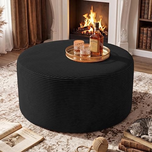 BSHOMGI Round Coffee Table Ottoman for Corduroy Cloud Sectional Couches in a Box Memory Foam Compressed Pouf Footstool Rest for Living Room, Bedroom, Makeup Room No Assembly Require(Black, 32") - Image 1