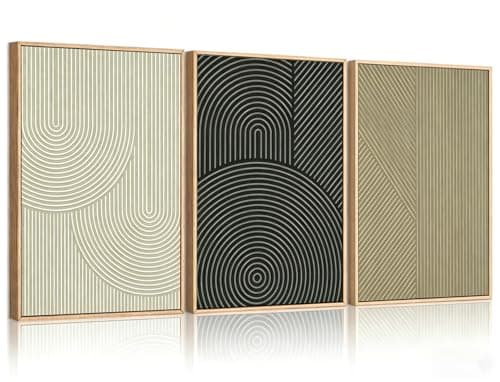 3Pcs Large Framed Abstract Line Wall Art, Modern Boho Texture Canvas Prints, Neutral Minimalist Geometric Paintings Pictures UV Printing Artwork for Hallway Office Living Room Wall Decor 24x36in - Image 1