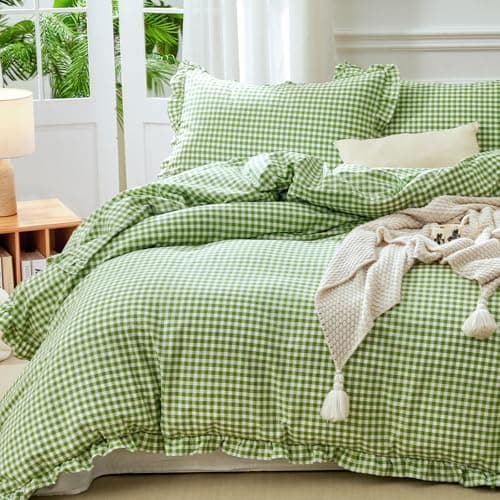 Yuncojin Ruffle Gingham Duvet Cover King Size Green/White,100% Cotton,Shabby Chic Checkered Plaid Comforter Cover Set,3-Piece Vintage Bedding,104"×90" - Image 1