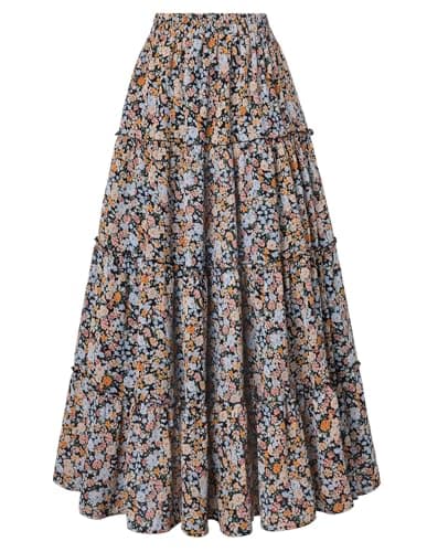Scarlet Darkness Floral Maxi Long Skirts for Women Summer 2026 Tiered Skirt Flowy Boho Fairy Skirt with Pockets Black Multi Floral M - Image 1