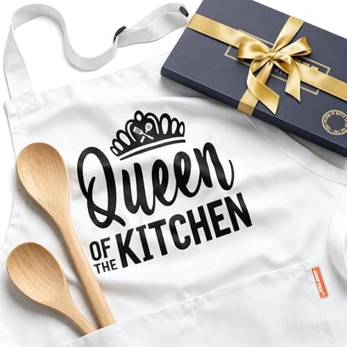 Kitchen Apron Gift for Women - Queen of the Kitchen Apron with 2 Pockets, Funny Birthday mothers day Gifts for Mom Wife - Water & Oil Resistant Protective Fabric, Adjustable Professional Chef Apron - Image 1
