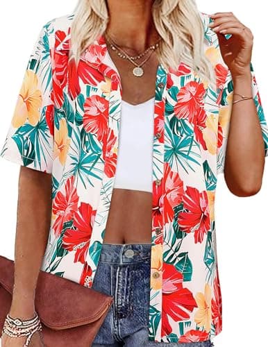 LILYCHIC Womens Hawaiian Shirts Button Down Short Sleeve Casual Summer Floral Tropic Print Beach Hawaiian Tops Outfits Red S - Image 1
