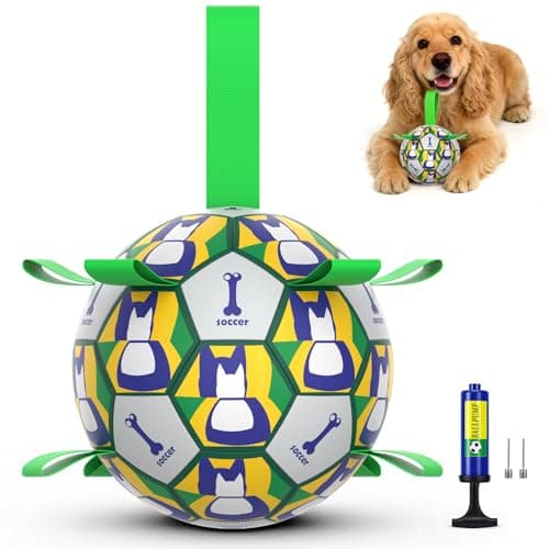 PETSWEET Dog Toy Balls, Dog Soccer Ball with Straps, Interactive World Cup Soccer Ball for Medium Dogs, Water Fetch Toys, Tug-of-War, Herding Ball Toys Outdoor, Dog Birthday Toy, Green (6 Inch)