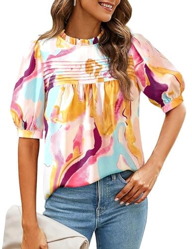 PRETTYGARDEN Blouses for Women Dressy Casual 2026 Summer Spring Floral Boho Tops Mock Neck Short Puff Sleeve Trendy Shirts (Brown Purple Floral,Large) - Image 1