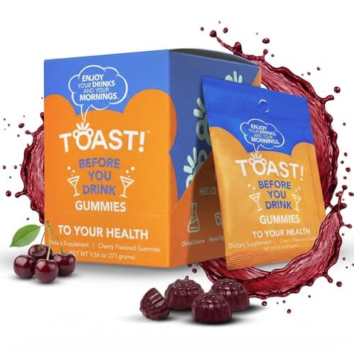 Toast! Before You Drink Gummies - Alcohol & Liver Support Supplement for Drinking & Better Morning - Recovery, Relief & Detox - L-Cysteine, Milk Thistle, Ginseng, Vitamins - Cherry Flavor - 10 Packs - Image 1