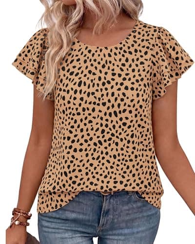 Zenlonr Womens Short Ruffle Sleeve Tops, 2026 Crewneck Leopard Shirts,Summer Casual Blouses for Work,Going Out&Daily Wear(Dot Brown Black,Medium) - Image 1