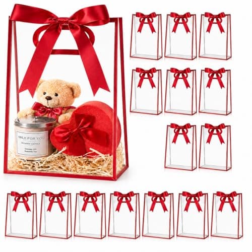 BEFEIEULEAQ 16 Pcs Clear Gift Bags with Ribbon and Handles, 10 x 7 In,Red
