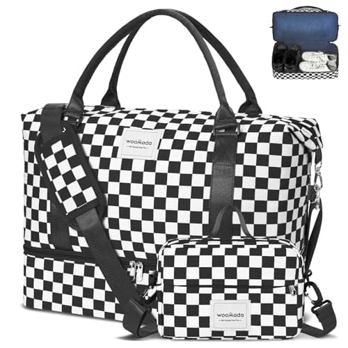 WOOMADA Weekender Overnight Bag for Women, Shoulder Travel Duffel with Shoes Compartment,Gym Bag with Toiletry Bag Large Size(Black Checkerboard) - Image 1