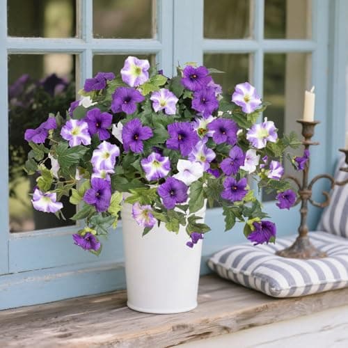 Artificial Fake Flowers Plants for Outdoor Decoration, 2 Bundles Fake Flowers Silk Morning Glory UV Resistant Realistic Faux Flowers for Front Door Porch Patio Yard Window Box (Purple White)