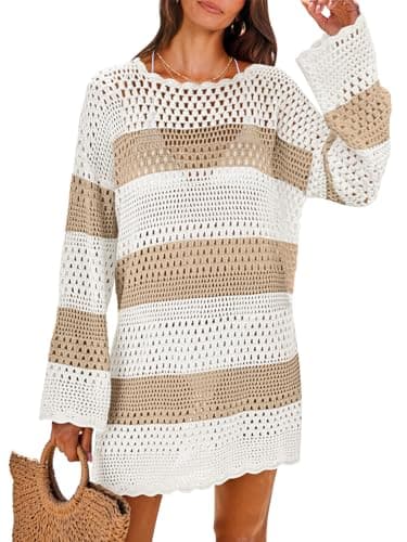 ANRABESS Women Swimsuit Crochet Swim Cover Up 2026 Summer Bathing Suit Swimwear Mesh Knit Beach Dress Vacation Outfits Khaki-White Medium - Image 1