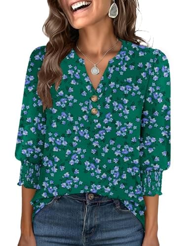 ANRABESS Women's 3/4 Sleeve Henley Blouse, Soft V Neck Top for Dressy Casual, Work & Business Office Wear Green Purple Floral Medium - Image 1