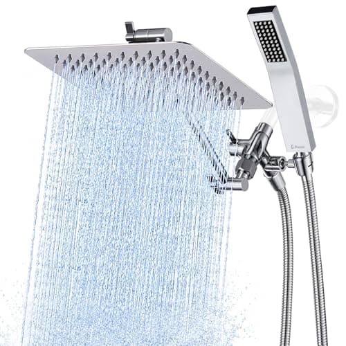 G-Promise All Metal 8 Inch Dual Square Shower Head with Handheld Spray Combo, Rain Shower Head, Adjustable Extension Arm, Smooth 3-Way Diverter, 71 Inch Extra Long Hose - A Bathroom Upgrade (Chrome) - Image 1