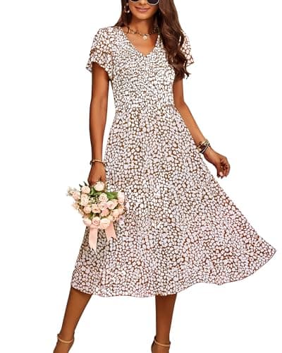 BTFBM Women Casual Summer Short Ruffles Tiered Sleeve Smocked Midi Dresses Bohemian Floral V Neck Wedding Guest Long Dresses(Floral Brown,X-Large) - Image 1