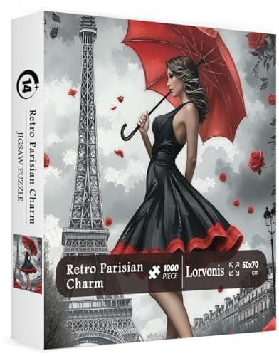 Paris Flower Woman with Umbrella Puzzles for Adults 1000 Pieces, Eiffel Tower Beautiful Girl Jigsaw Puzzles, Challenging Retro Art Puzzles - Image 1