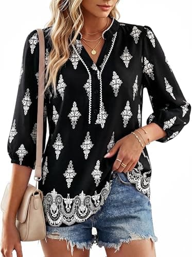 GRACE KARIN Boho Tops for Women Summer, Dressy Casual Floral Blouses, V Neck Button Up 3/4 Sleeve Shirts for Vacation Black L - Image 1