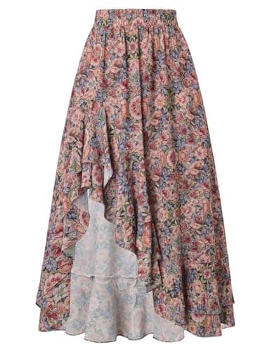 Women's Floral Maxi Skirts High Waist Summer Boho Flowy Ruffle Long Skirt with Pockets Sepia Rose 2XL - Image 1