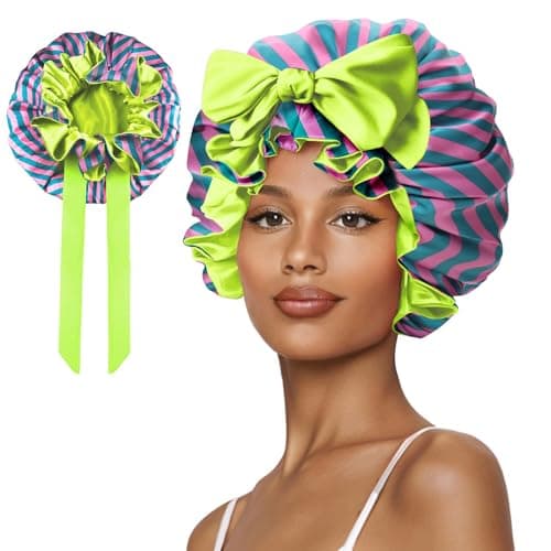 Vettres Silk Hair Bonnet for Sleeping, Satin Shower Cap for Women 2026 with Tie Band and Adjustable Straps Head Wrap for Curly Hair Pink-Red-Green F - Image 1