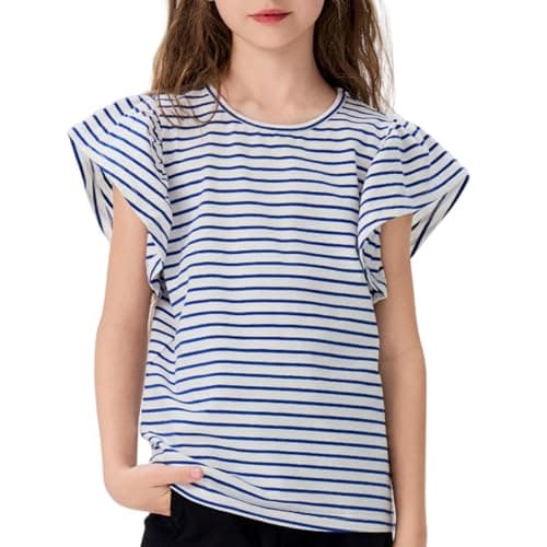 MIANZHI Girls Summer Shirts Kids Striped Ruffle Sleeve T Shirts Crew Neck Casual Tops Cute Short Sleeve Tees 5-14 Years - Image 1
