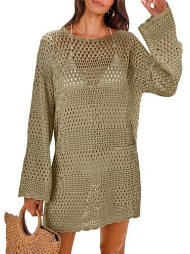 ANRABESS Women Swimsuit Crochet Swim Cover Up 2026 Summer Bathing Suit Swimwear Mesh Knit Beach Dress Vacation Outfits Khaki XX-Large - Image 1