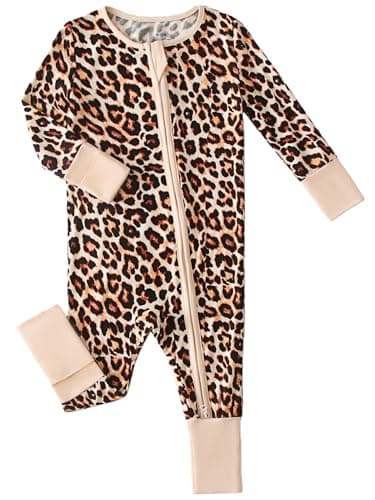 Joonberry Unisex Baby Bamboo Viscose Long Sleeve Romper, Cute Prints Zipper Footless Jumpsuit, Toddler One-Piece Outfits(Leopard Print, 12-18M) - Image 1