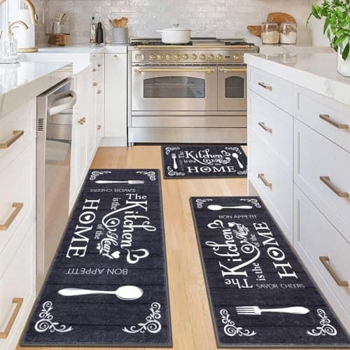 Vaukki Boho Kitchen Rug Sets 3 Pieces, Washable Kitchen Mats for Floor, Non Slip Soft Kitchen Area Rug Floor Mat for Kitchen, Laundry Room and Hallway (Black, 20''x32''+20''x47''+20''x59'')