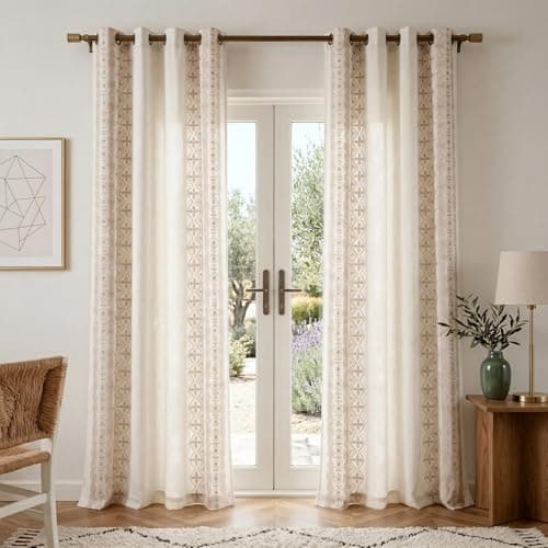 NICETOWN 102" Long Thick Cream Linen Curtains Light Sand Floral Pattern - Elegant Drapes for French Sliding Door, Farmhouse Style Privacy Enhancing Floor to Ceiling Window Treatments, 52 x 102, 2 Pcs - Image 1