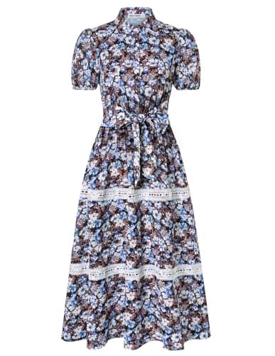GRACE KARIN Women's 2026 Summer Floral Flowy Dresses Boho Tie Belt Short Puff Sleeve A Line Maxi Shirt Dress with Pocket Black Blue Small - Image 1