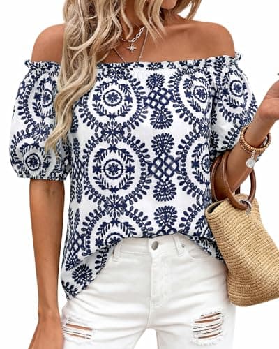 BTFBM Off The Shoulder Boho Tops for Women 2026 Summer Spring Short Sleeve Floral Loose Resort Beach Vacation Clothes(Floral White Navy, Medium) - Image 1