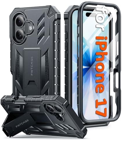 FNTCASE for iPhone 17 Phone Case: Military Grade Drop Proof Protection Mobile Cover with Kickstand | Matte Textured Rugged Shockproof TPU | Protective Sturdy Phone Case - 6.3 inch Black - Image 1