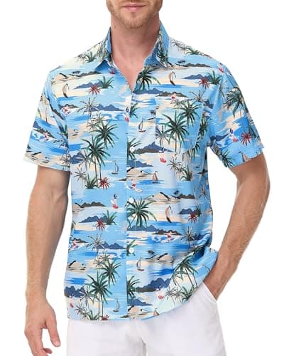 FISHEAL Men's Hawaiian Shirt Short Sleeves, Casual Hawaii Button Down Beach Tropical Shirts for Mens Summer Trip Vacation - Image 1