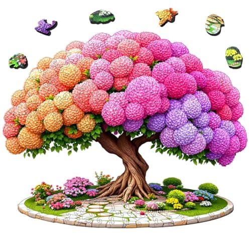 Wooden Puzzles for Adults, Hydrangea Tree Blossom Flowers Wooden Jigsaw Puzzle 200 Pieces, Unique Shaped Wood Cut Puzzle, Creative Birthday Gift for Mom Kids Friends Family Game Home Decor 11 * 8.9in - Image 1