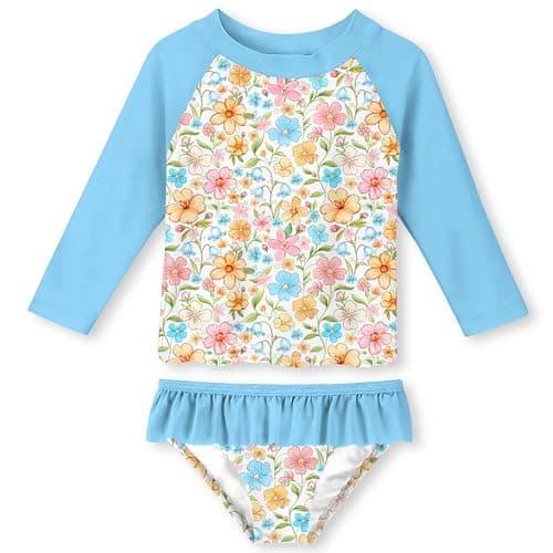 Funnycokid Girls Swimsuit Toddler Bathing Suit Swim Long Sleeve 2 Piece Rash Guard 4T 3T Set for Kids Blue Flower - Image 1