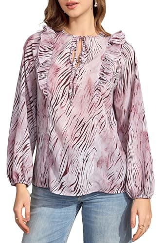 Women's Loose Puff Long Sleeve Tie V Neck Dressy Chiffon Shirt Blouse Ruffle Trim Pullover Western Dusty Rose Soft Mauve Pink Zebra Print Lightweight Summer Casual Vocation Ladies Tunic Top Outfits S - Image 1