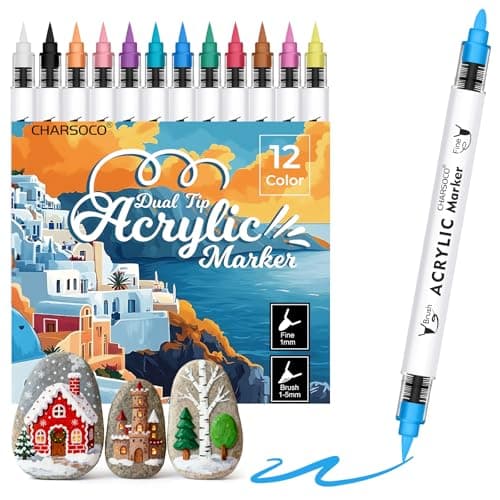 CHARSOCO Acrylic Paint Markers, 12 Colors Dual Tip Acrylic Paint Pens, Water-Based No-Bleed Markers with Automatic Ink Control System, Bullet & Brush Tip, Works on Paper, Wood, Ceramic, Rock - Image 1