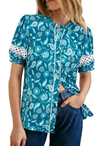 GRACE KARIN Women Boho Floral Tops, Summer Short Eyelet Sleeve Dressy Casual Shirts, Spring Button Down Blouse 2026 Trendy Blue Small - Image 1