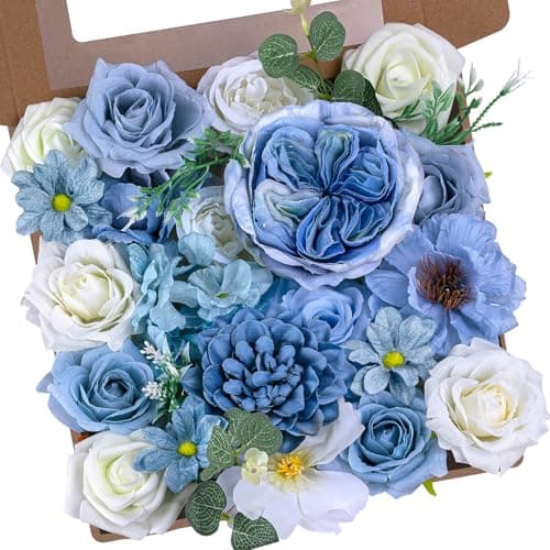 Blue Artificial Flowers Combo, Fake Silk Dahlia Roses Bulk, Faux Bouquet with Stems Box Set for Wedding Arrangements, Bridal Floral, Baby Shower, Table Centerpieces, Birthday Party, Home Decoration - Image 1