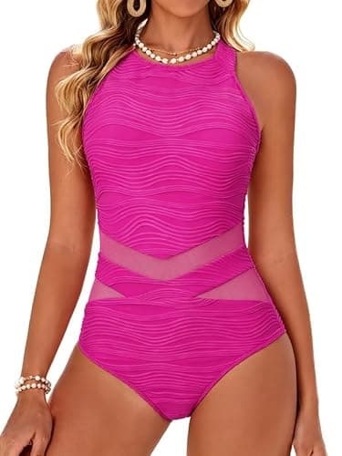 Womens Mesh One Piece Swimsuits High Neck Tummy Control Push Up Bathing Suit Slimming Cutout Halter Swimwear Rose Red - Image 1