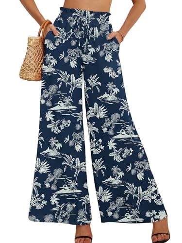 AusLook Women's Wide Leg Dress Pants with Pockets Palm Sketch Blue Large Lightweight Elastic High Waisted Adjustable Tie Knot Flowy Loose Slacks Lounge Casual Ladies Beach Pleated Trousers - Image 1