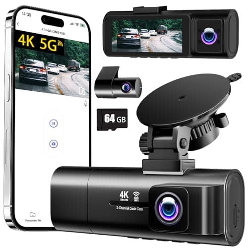 4K Dash Cam Front and Rear Inside,3.16" IPS,3 Channel Dash Cam for Car with 5G WiFi,Free 64GB Card,170° Wide Angle,Loop Recording,G-Sensor,WDR,Night Vision,Time-Lapse,24H Parking Monitor - Image 1