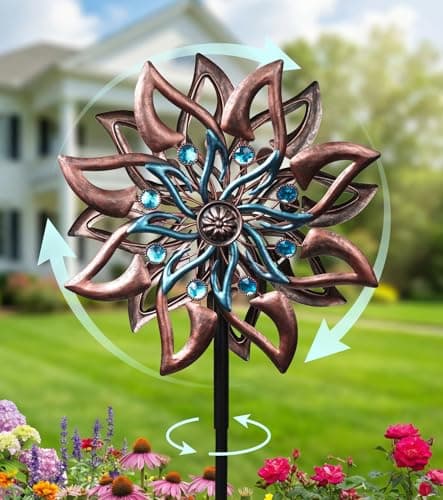 VUFOZ 360° Garden Wind Spinner for Outdoor Yard Art – W13xH64 Kinetic Windmill for Garden, Lawn, and Patio – Dahlia-Inspired Copper and Teal Wind Spinners Outdoor Decorative Yard Art - Image 1